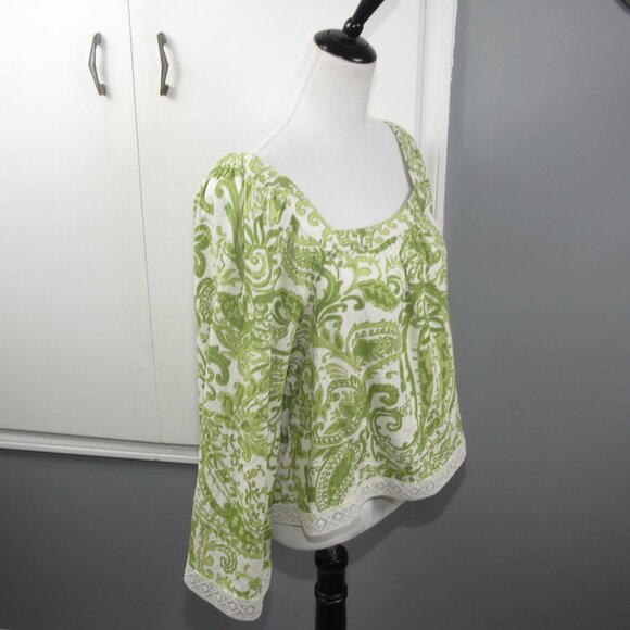 Nicole Miller Boho Green/White Paisley Cropped Linen Blend Blouse Size Medium - Picture 5 of 6